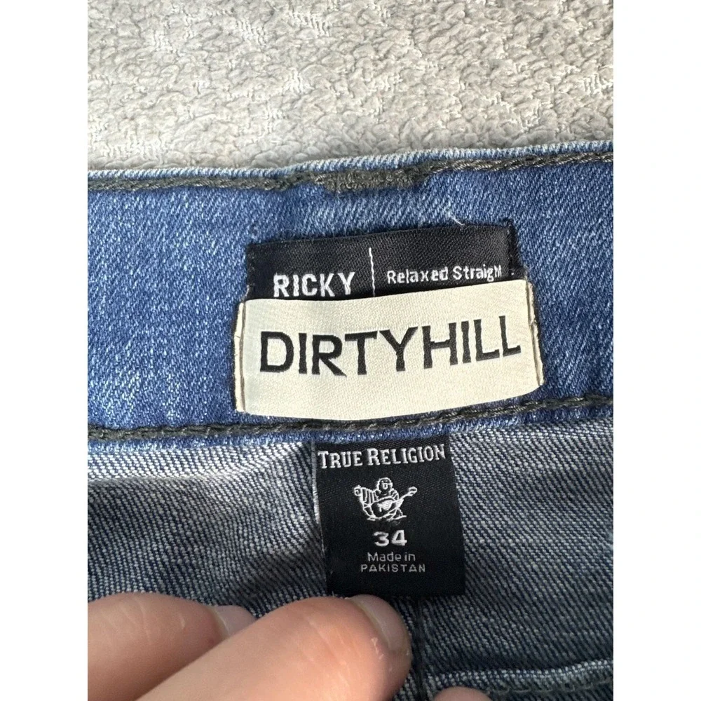 True Religion Ricky Jeans Mens 34x35 Blue Relaxed Straight Camo Distressed Denim